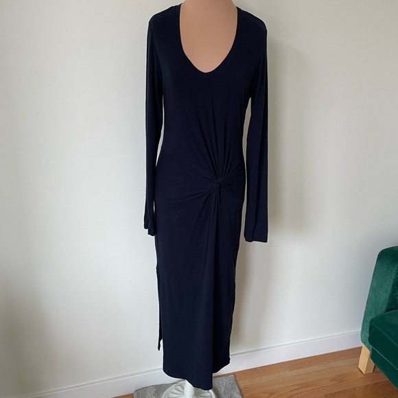 ANTHROPOLOGIE Sundry Twist-Front Side Slit Navy Blue Long Sleeve Midi Dress 2/M - Picture 5 of 12